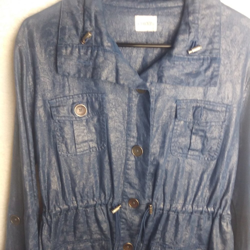 CHICO's Anorak Utility Metallic Blue Chambray Jacket Women's Size 1 (8/1… - Picture 6 of 16